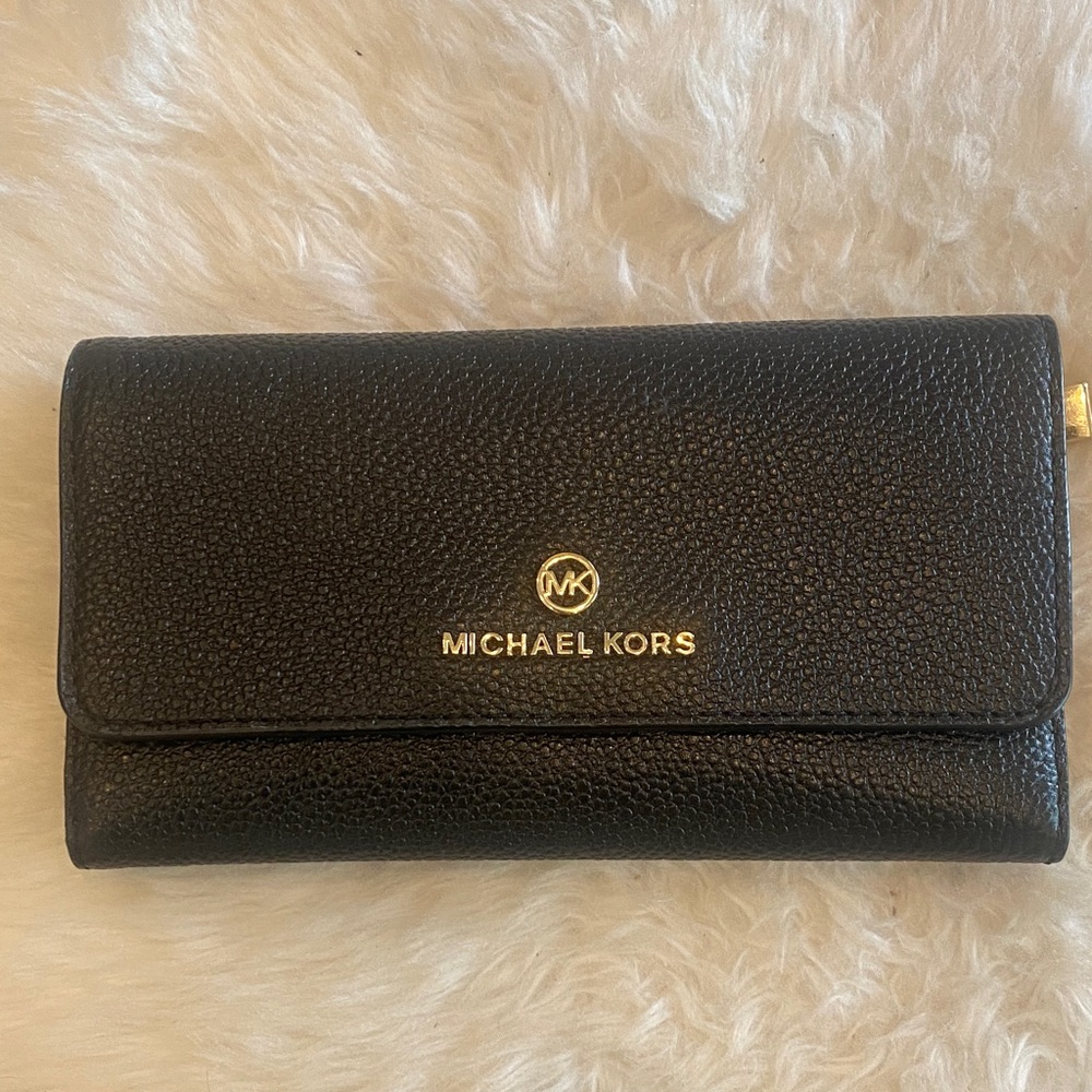 Michael Kors Black and Gold Trifold Wallet.